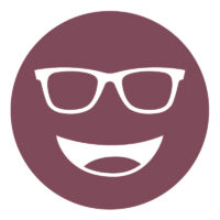 Circular icon with a smiling face wearing glasses in deep plum, representing the COI Plum lens tint.