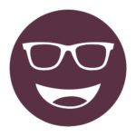 Circular icon with a smiling face wearing glasses in dark maroon, representing the CVD-B Outdoor Moderate lens tint.