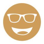 Circular icon with a smiling face wearing glasses in amber, representing the Cocoon Amber lens tint.