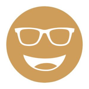 Circular icon with a smiling face wearing glasses in amber, representing the Cocoon Amber lens tint.