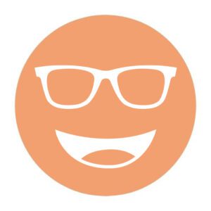 Circular icon with a smiling face wearing glasses in copper orange, representing the Cocoon Copper lens tint.