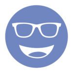 Circular icon with a smiling face wearing glasses in dark blue, representing the E50 Blue lens tint.