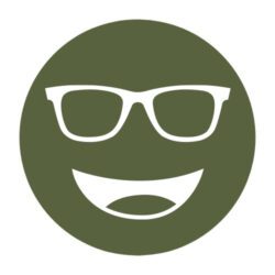 Circular icon with a smiling face wearing glasses in dark olive green, representing the Noir #02 medium grey-green lens tint.