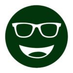 Circular icon with a smiling face wearing glasses in dark green, representing the Noir 08 lens tint.