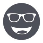 Circular icon with a smiling face wearing glasses in dark gray, representing the Noir-22 lens tint.