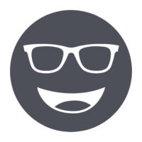Circular icon with a smiling face wearing glasses in dark gray, representing the Noir-22 lens tint.