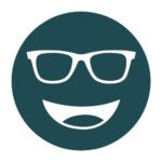 Circular icon with a smiling face wearing glasses in teal, representing the Noir-23 lens tint.