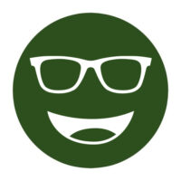 Circular icon with a smiling face wearing glasses in dark green, representing the Noir-33 lens tint.