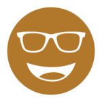 Circular icon with a smiling face wearing glasses in golden brown, representing the Noir-44 lens tint.