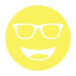 Circular icon with a smiling face wearing glasses in bright yellow, representing the Noir-33 lens tint.