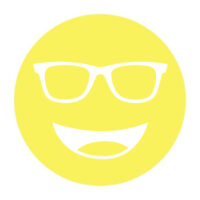 Circular icon with a smiling face wearing glasses in bright yellow, representing the Noir-33 lens tint.