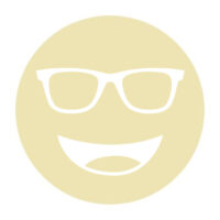 Circular icon with a smiling face wearing glasses in pale yellow, representing the Noir-48 lens tint.