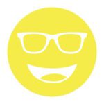 Circular icon with a smiling face wearing glasses in bright yellow, representing the Noir-50 lens tint.