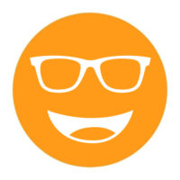Circular icon with a smiling face wearing glasses in orange, representing the Noir #505 lens tint.