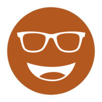 Circular icon with a smiling face wearing glasses in warm brown, representing the Noir-533 lens tint.