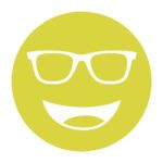 Circular icon with a smiling face wearing glasses in lemon yellow, representing the Noir-55 lens tint.