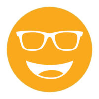 Circular icon with a smiling face wearing glasses in orange, representing the Noir #60 lens tint.