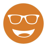 Circular icon with a smiling face wearing glasses in orange-brown, representing the Noir #63 lens tint.