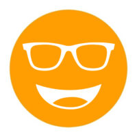 Circular icon with a smiling face wearing glasses in bright orange, representing the Noir #68 lens tint.