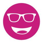 Circular icon with a smiling face wearing glasses in dark magenta, representing the Noir #70 lens tint.