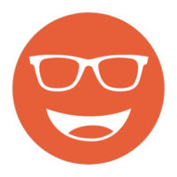 Circular icon with a smiling face wearing glasses in bright orange, representing the Noir #75 lens tint.