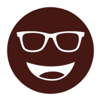 Circular icon with a smiling face wearing glasses in dark brown, representing the Noir #80 lens tint.