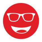 Circular icon with a smiling face wearing glasses in bold red, representing the Noir #90 lens tint.