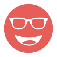 Circular icon with a smiling face wearing glasses in light red, representing the Noir #98 lens tint.