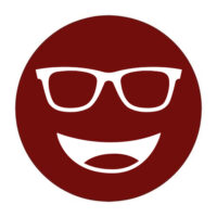 Circular icon with a smiling face wearing glasses in deep red, representing the Noir #99 lens tint.