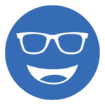 Circular icon with a smiling face wearing glasses in bright blue, representing the Z Blue lens tint.