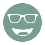 Circular icon with a smiling face wearing glasses in pale green-gray, representing the Cocoon Gray lens tint.