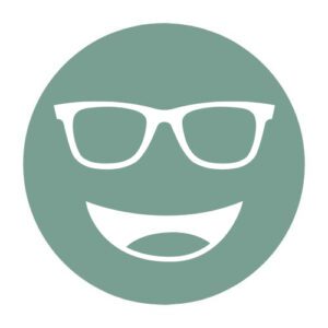 Circular icon with a smiling face wearing glasses in pale green-gray, representing the Cocoon Gray lens tint.