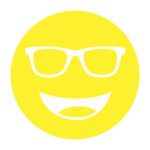 Circular icon with a smiling face wearing glasses in bright yellow, representing the Cocoon Lemon lens tint.