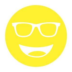 Circular icon with a smiling face wearing glasses in bright yellow, representing the Cocoon Lemon lens tint.