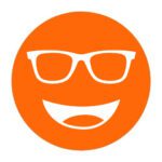 Circular icon with a smiling face wearing glasses in vibrant orange, representing the Cocoon Orange lens tint.