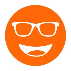 Circular icon with a smiling face wearing glasses in vibrant orange, representing the Cocoon Orange lens tint.