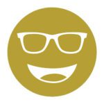 Circular icon with a smiling face wearing glasses in mustard yellow, representing the Cocoon Yellow lens tint.