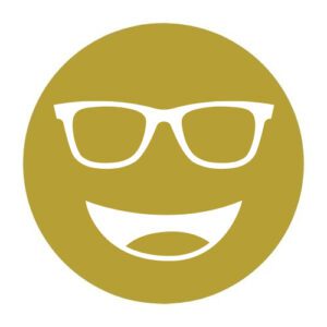 Circular icon with a smiling face wearing glasses in mustard yellow, representing the Cocoon Yellow lens tint.