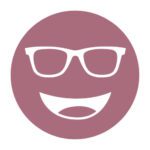 Circular icon with a smiling face wearing glasses in dark rose, representing the Acunis FL-41 Dark lens tint.