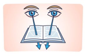 Illustration representing convergence insufficiency, showing two eyes struggling to focus on an open book, with arrows depicting difficulty in converging towards the pages.