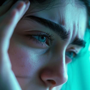 Close-up of a person holding their head in pain, with a furrowed brow and blue eyes.