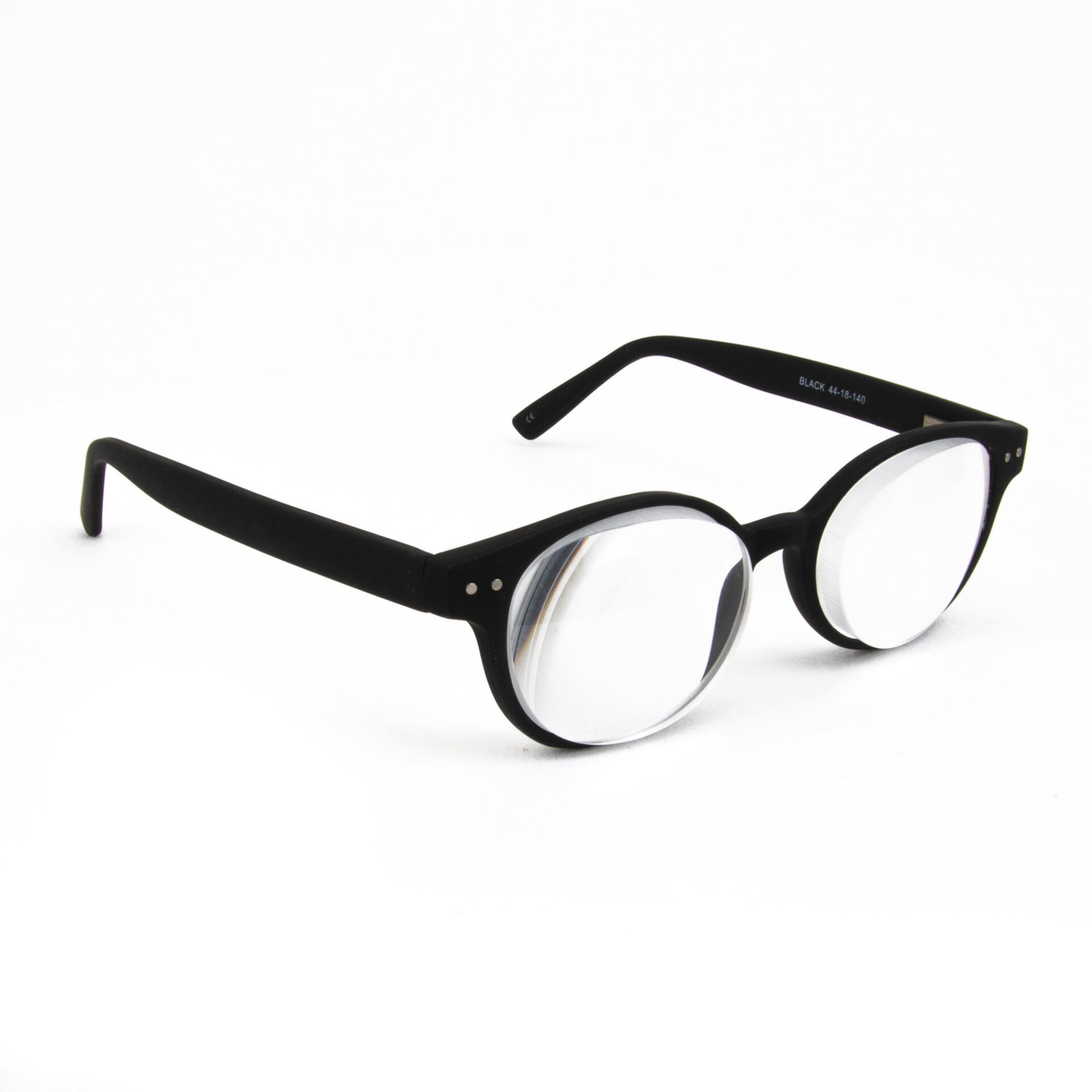 Black round eyeglasses with clear lenses on a white background.