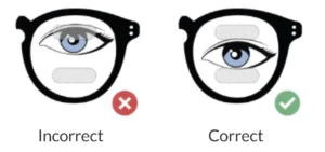 Diagram comparing incorrect and correct prism placements in glasses, with one showing misaligned prisms and the other showing properly aligned prisms.