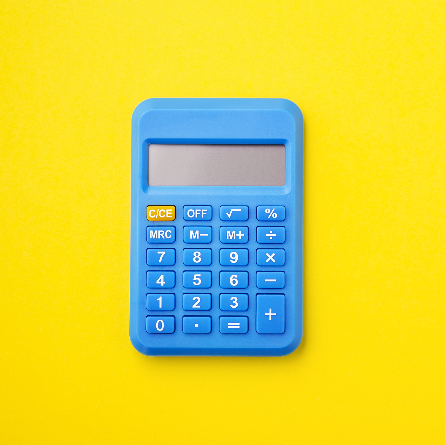 Blue calculator on yellow background.