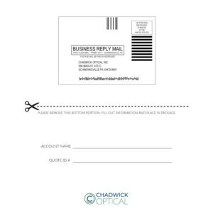 A business reply mail form for Chadwick Optical with fields for account name and quote ID.