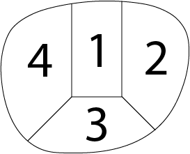 Diagram of a segmented lens labeled with four numbered sections: 1 in the center, 2 on the right, 3 at the bottom, and 4 on the left.