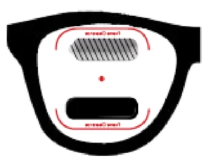 Diagram of specialized glasses with a template for fitting Peli prism lenses, showing designated areas for lens placement.