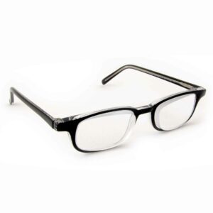 Black rectangular prism readers eyeglasses with clear lenses, angled slightly to the side on a white background.