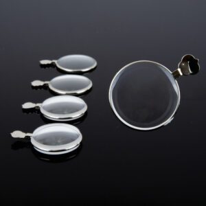 Close-up of five round lenses with metal frames on a black background.