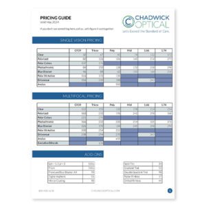 Chadwick Optical pricing guide for single vision and multifocal lenses, May 2024.